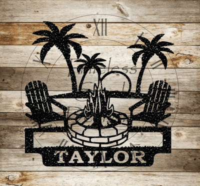 Palm tree and beach campfire monogram - Timeless Steel Designs